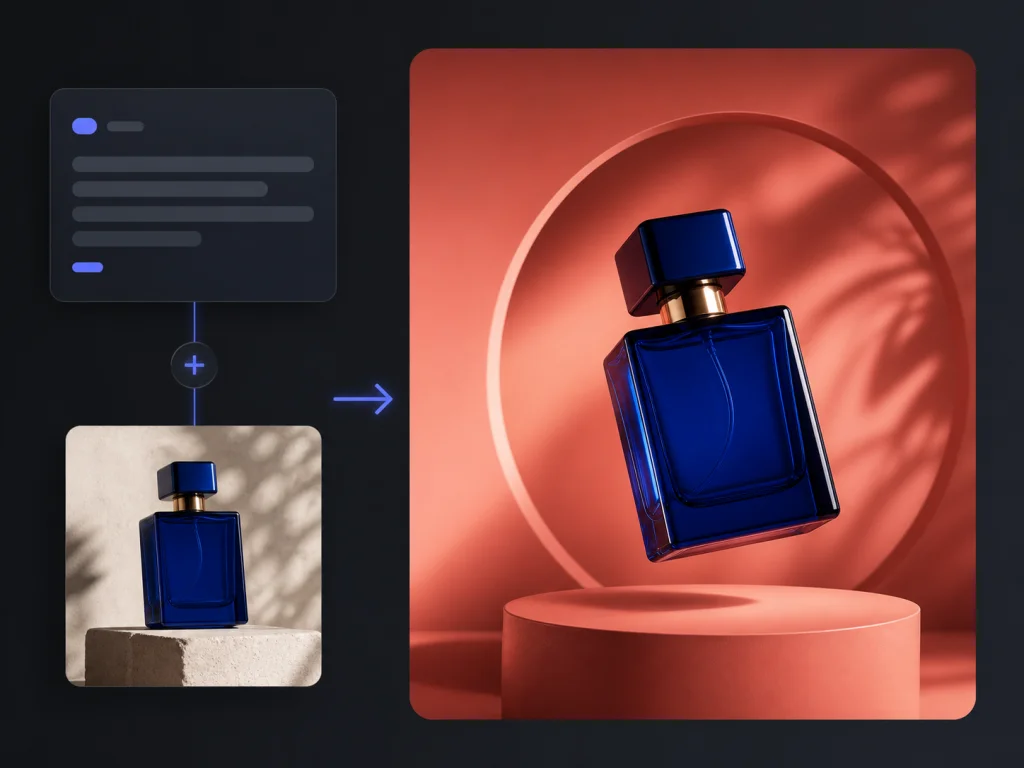Perfume bottle combined onto a terracotta pedestal from a text prompt