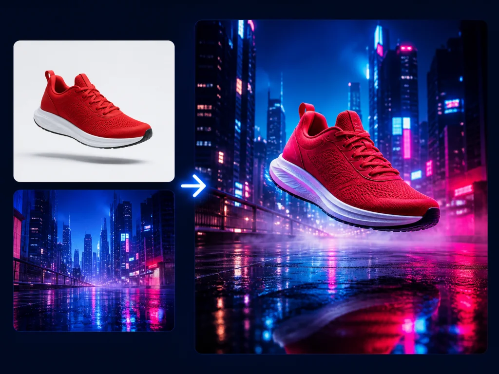 Running sneaker merged into a neon cityscape ad visual