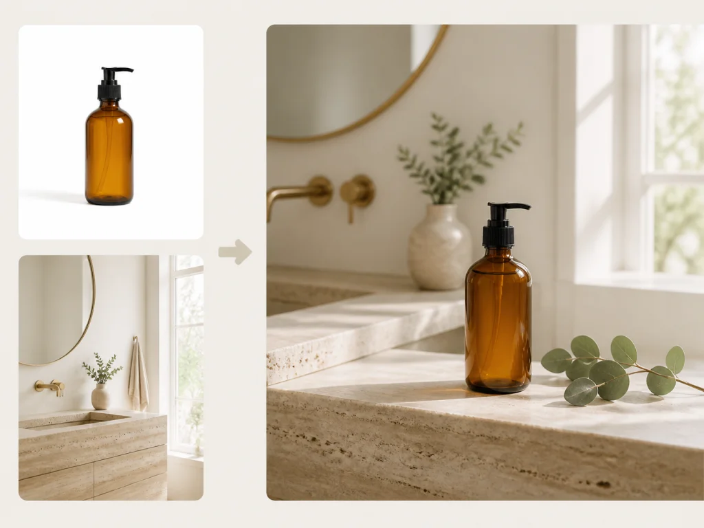 Skincare bottle combined into a Scandinavian bathroom scene