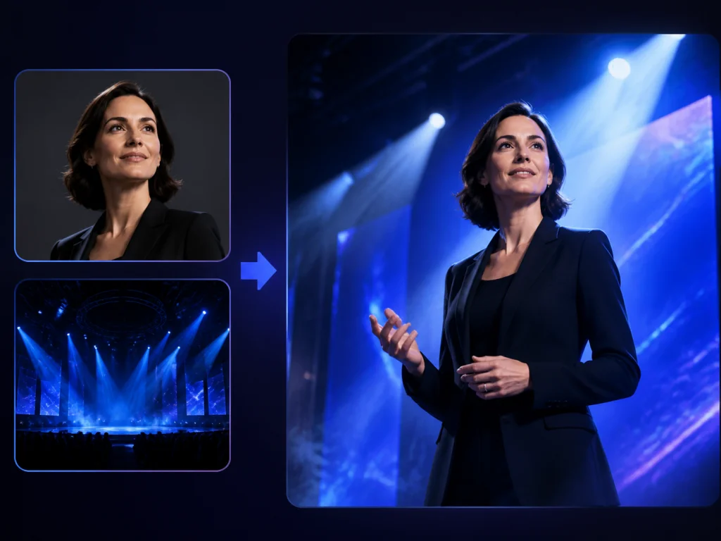 Woman speaker blended onto a blue-lit conference stage