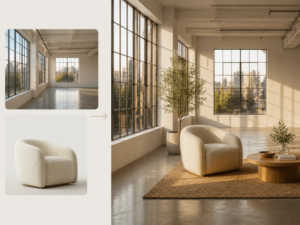 Boucle armchair staged inside a sunlit loft