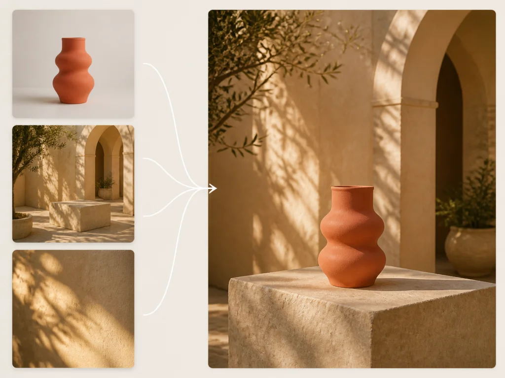 Three visual references combined into a coral vase in a sunlit Mediterranean courtyard