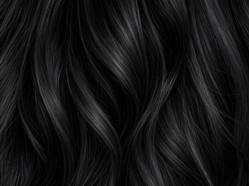 Close-up of glossy jet black hair strands.