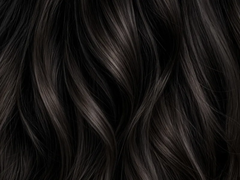 Close-up of off-black hair strands warmed with brown.