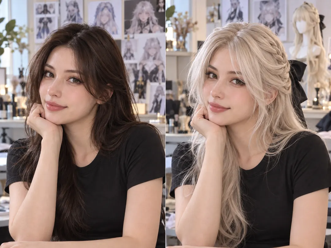 暗い髪とアイシーブロンドを比較したコスプレ写真