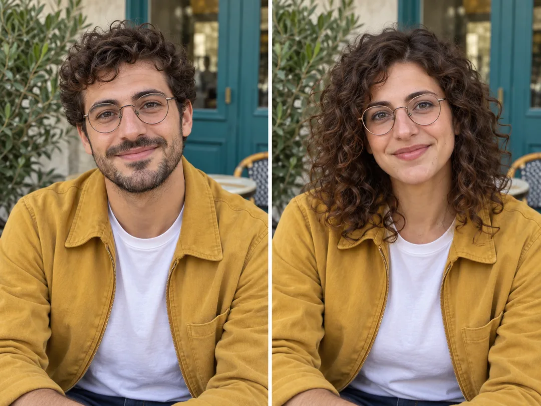 Portrait avec vêtements, accessoires et arrière-plan préservés après transformation avec le Filtre de changement de genre IA