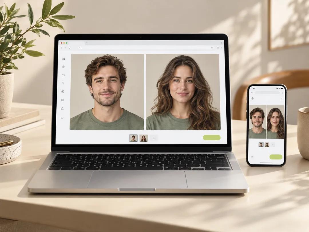 Interface responsive sur smartphone et ordinateur portable affichant le Filtre de changement de genre IA en ligne