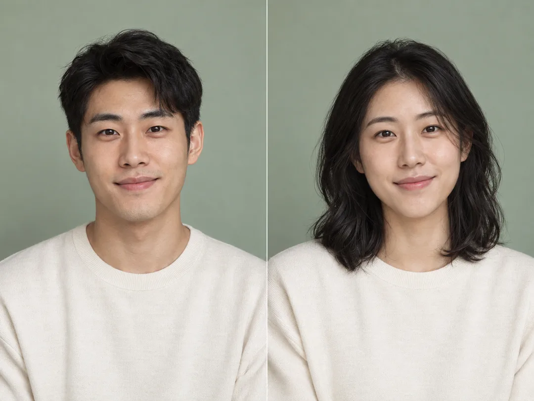 Comparaison côte à côte d'un jeune homme asiatique transformé en un portrait féminin réaliste par le Filtre de changement de genre IA