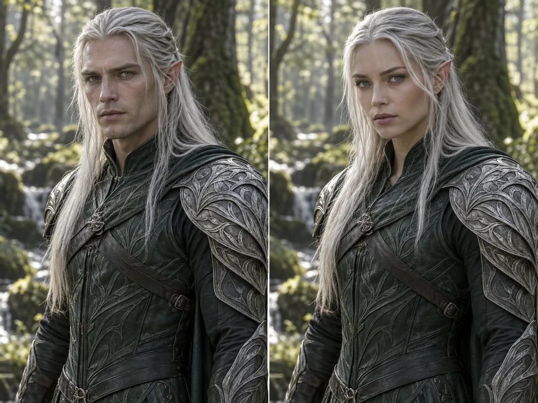 Portrait partagé d'un guerrier fantastique avec la version masculine originale et son équivalent féminin assorti généré par le Filtre de changement de genre IA