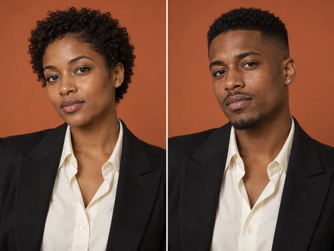 Portrait en studio d'un mannequin femme noire transformé en un look masculin élégant avec coupe dégradée via le Filtre de changement de genre IA