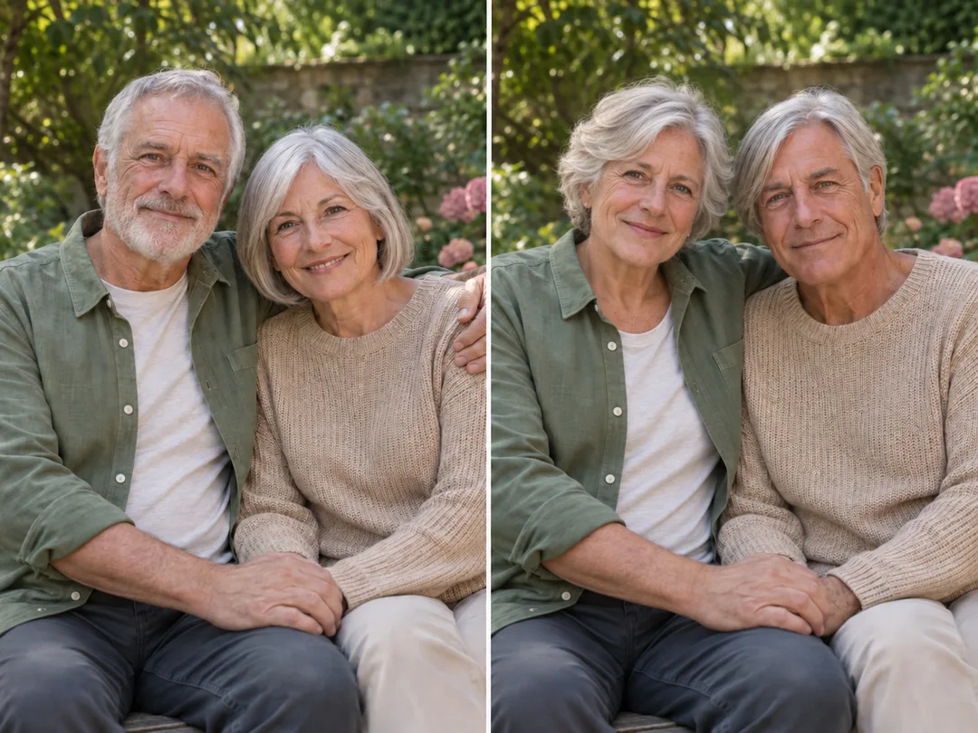 Photo en extérieur d'un couple européen plus âgé avec une révélation côte à côte de changement de genre créée par le Filtre de changement de genre IA
