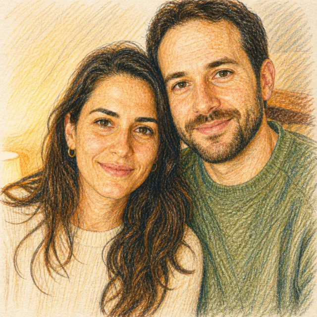 ニットセーターを着たカップルの色鉛筆スケッチ