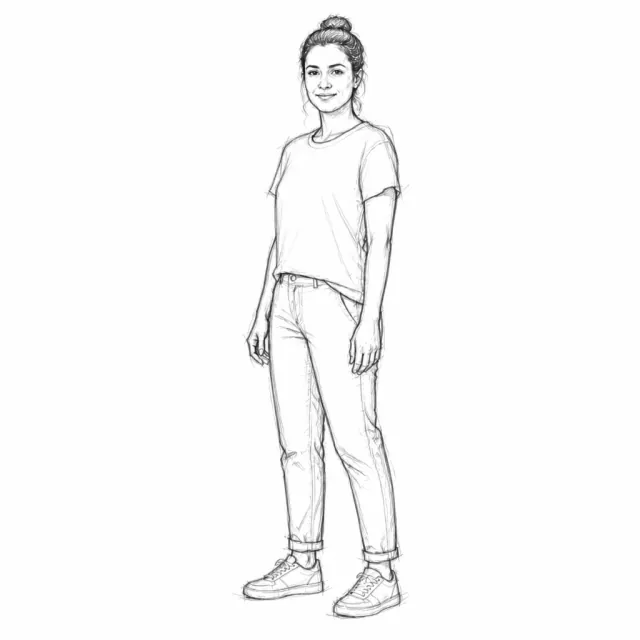 白いTシャツを着た女性の人物クロッキー