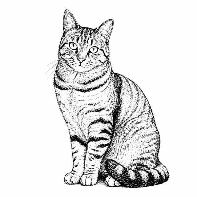 茶色のキジトラ猫のペン画スケッチ