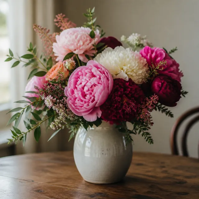 クリーム色の花瓶に生けたシャクヤクの花束