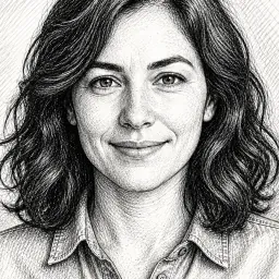 襟付きシャツを着た笑顔の女性のペン画スケッチ