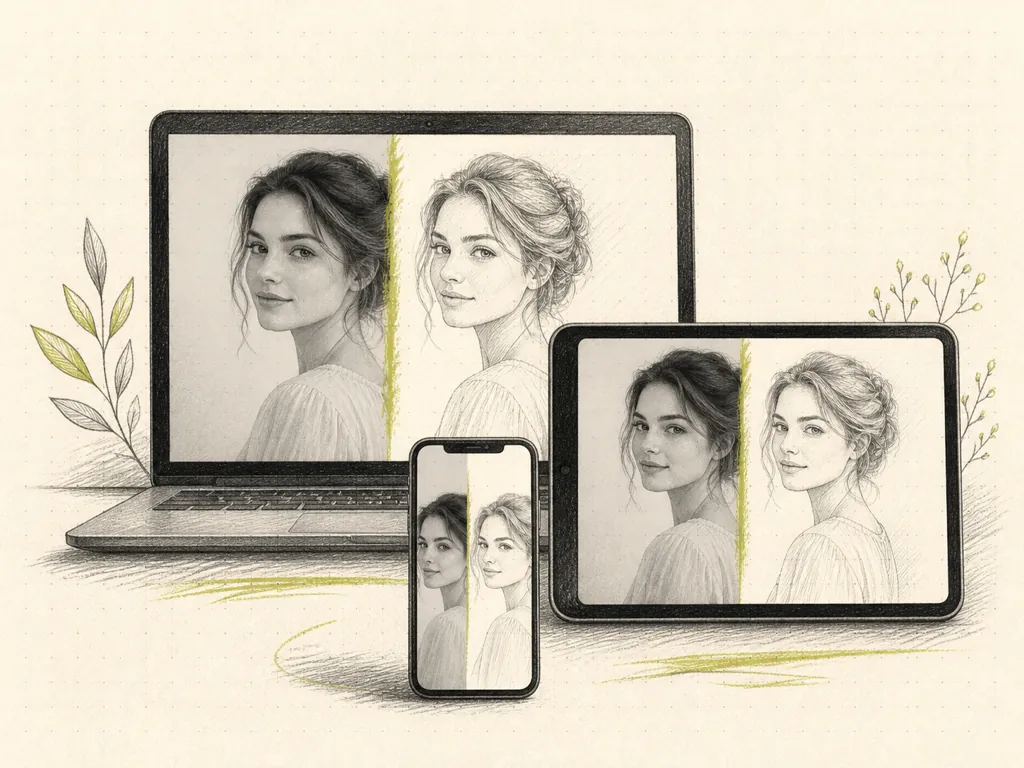 ノートパソコン、タブレット、スマホに表示された写真からスケッチへの変換プレビュー