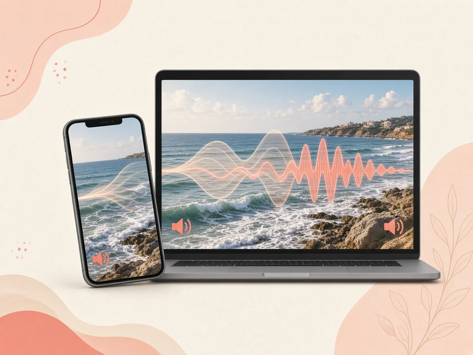 Phone playing a coastal video with sound-wave overlays