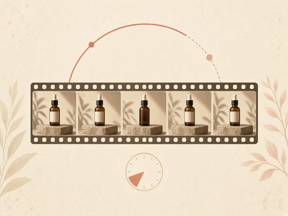 Filmstrip timeline of a product bottle in one continuous camera move