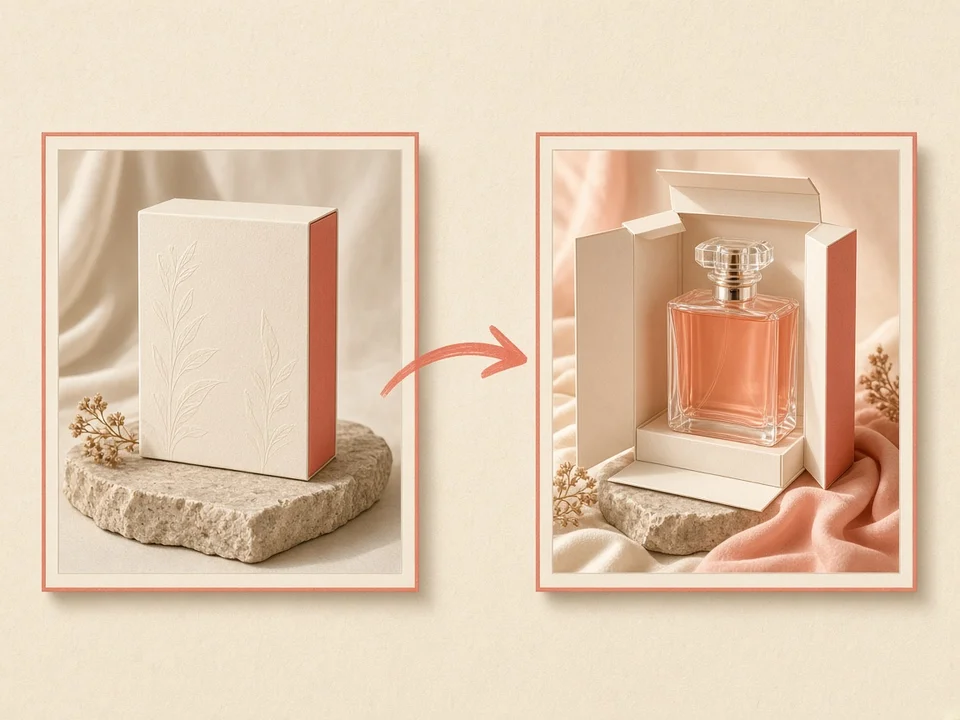 Start and end frames of a perfume box opening into a bottle
