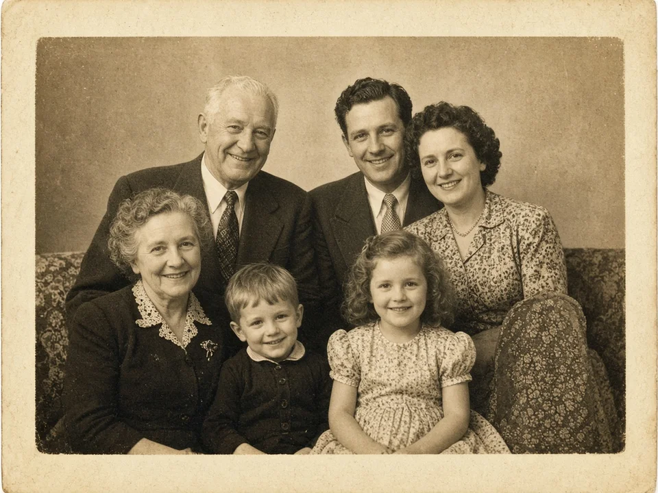 Warm vintage multi-generation family portrait