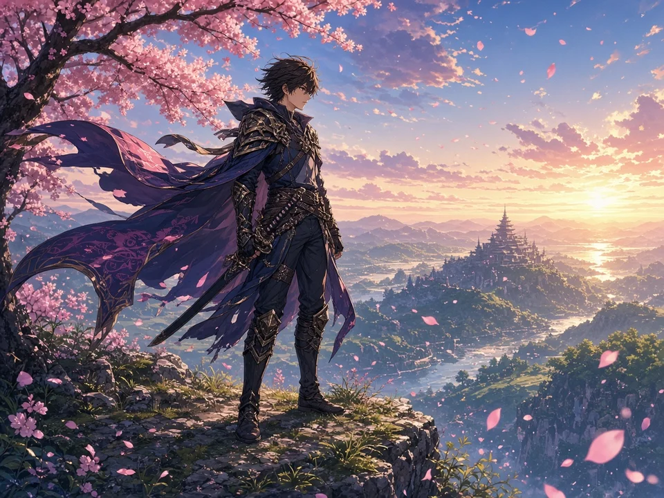 Anime warrior on a cliff with cherry blossoms