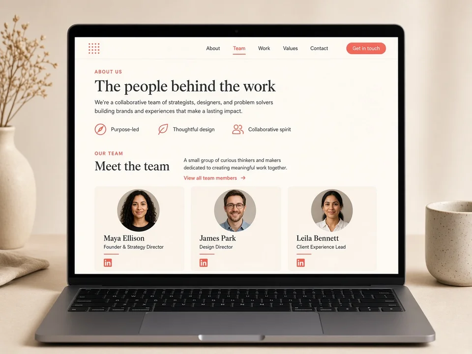 Website team page with circular portrait cards