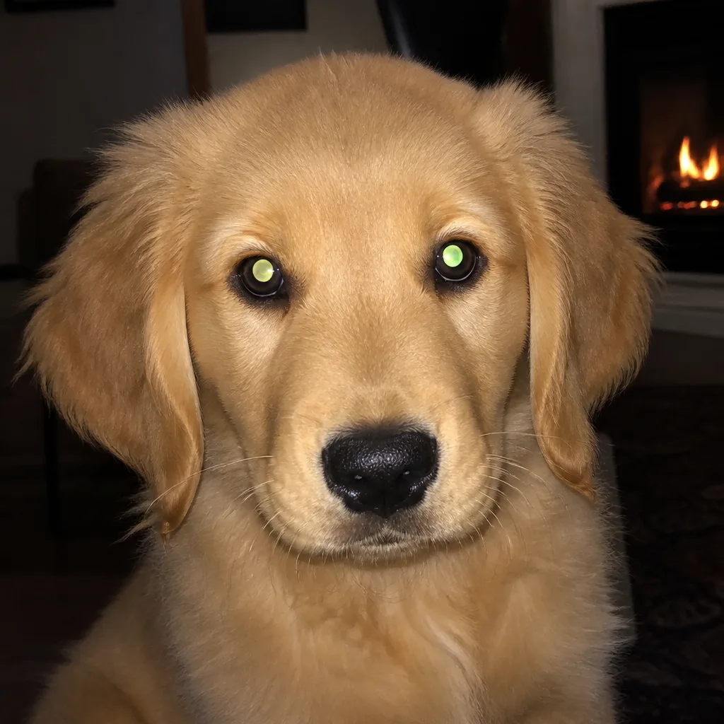 Cachorro de golden retriever con brillo de flash amarillo verdoso