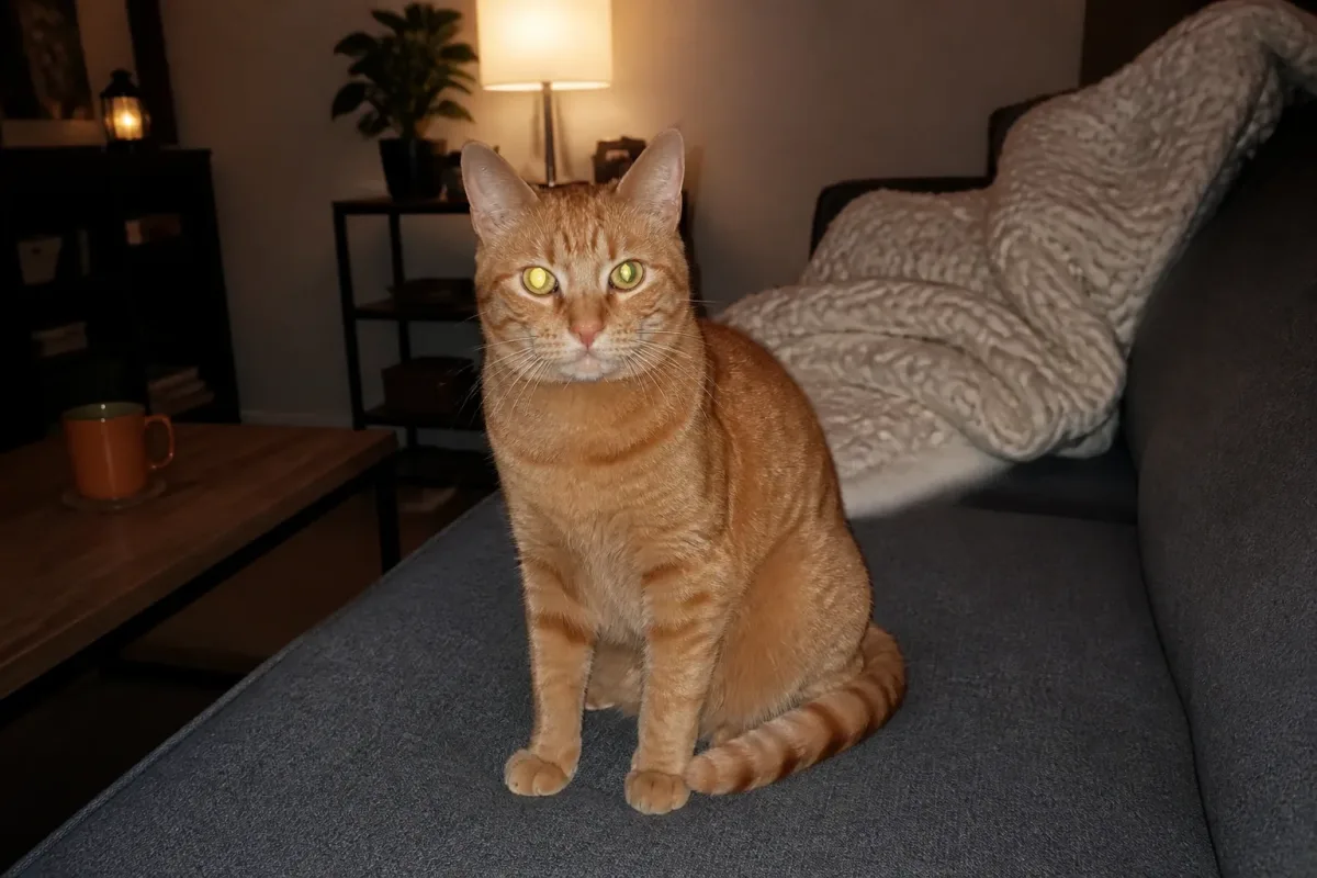 Gato atigrado naranja en un sofá con brillo de flash antes de eliminar ojos rojos