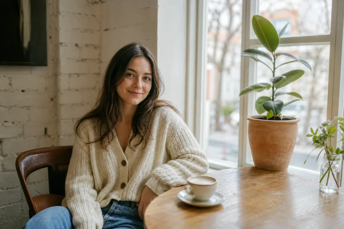 Mujer junto a la ventana de una cafetería con reflejos oculares naturales tras eliminar ojos rojos