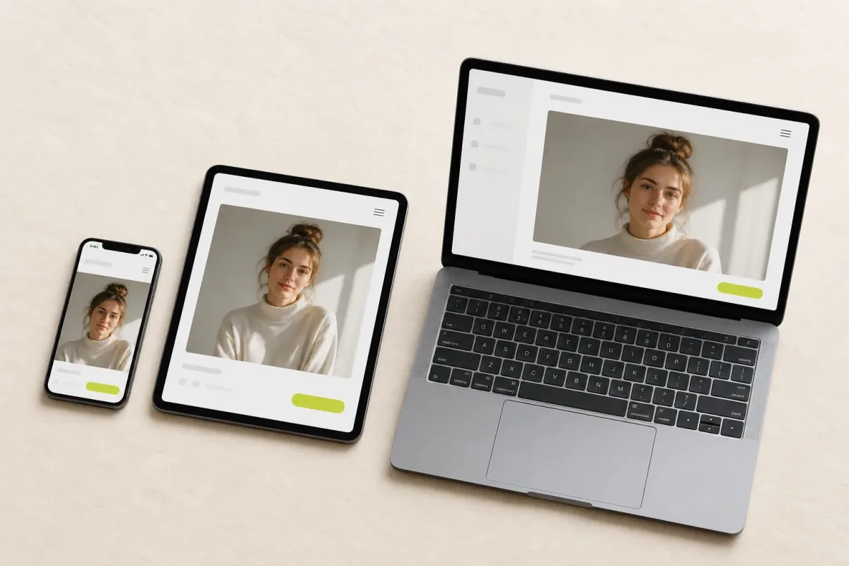 Móvil, tableta y ordenador portátil mostrando la aplicación web para eliminar ojos rojos