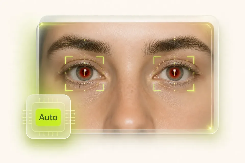 IA escaneando rasgos faciales y resaltando pupilas para eliminar ojos rojos al instante