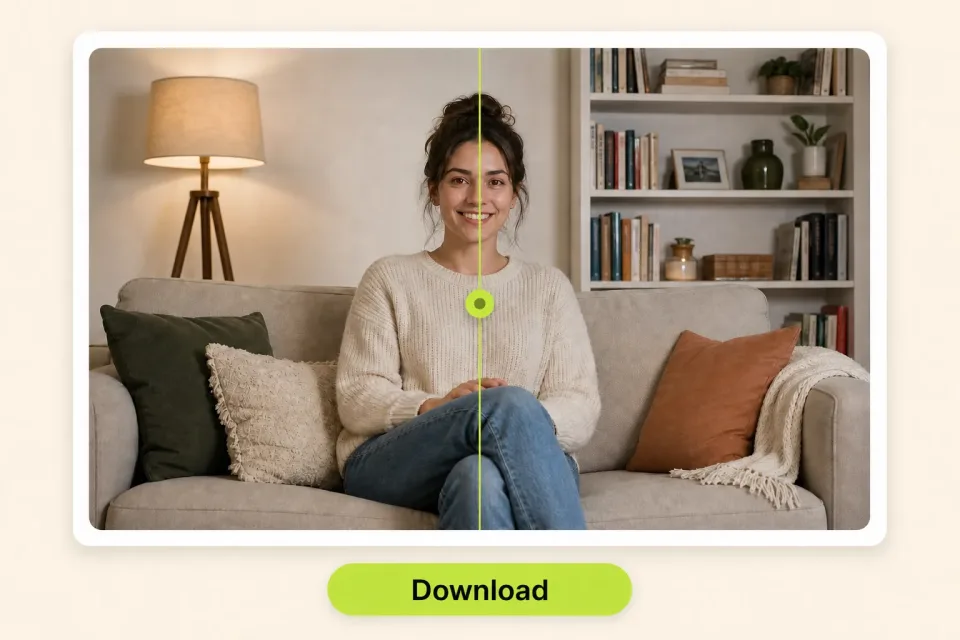 Control deslizante de antes y después de un retrato con botón de descarga tras eliminar ojos rojos