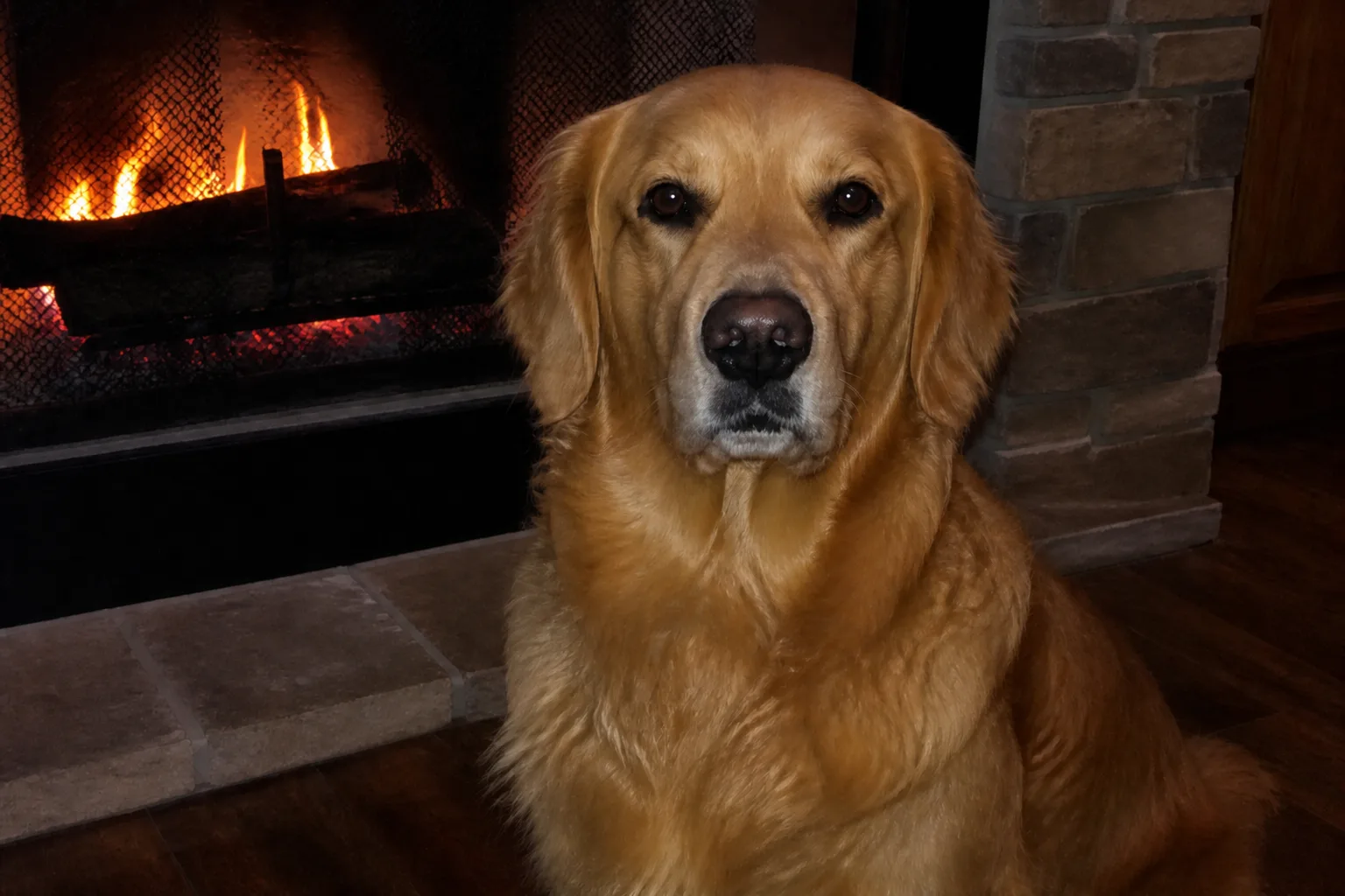 Golden retriever con ojos oscuros naturales restaurados, tras eliminar ojos rojos