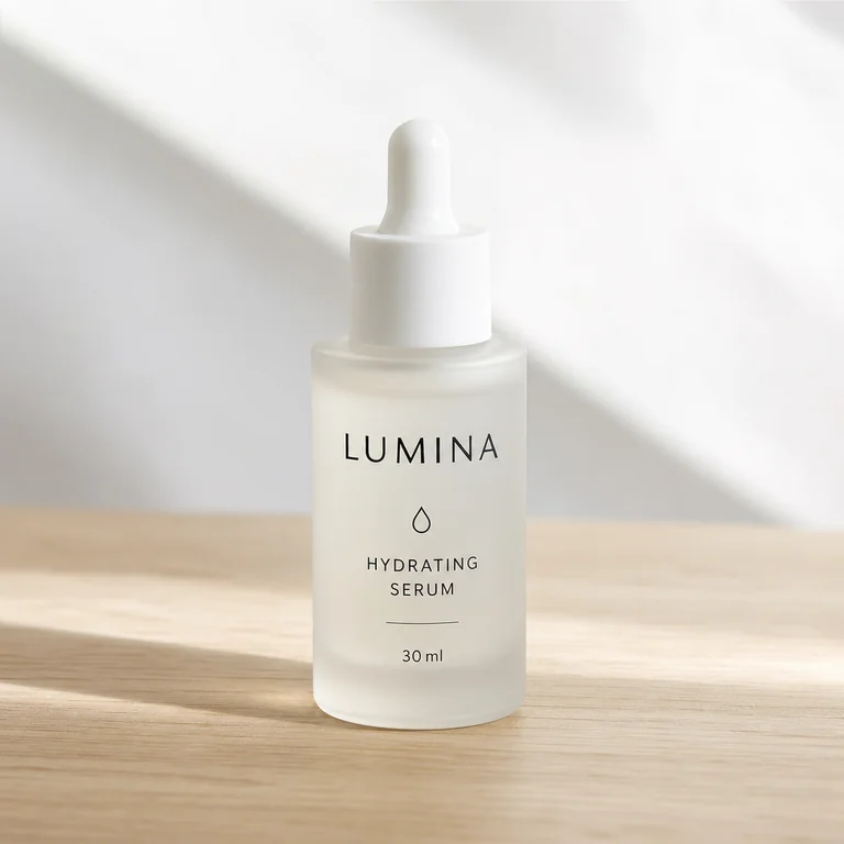 Skincare serum bottle with LUMINA HYDRATING SERUM label on a wood table