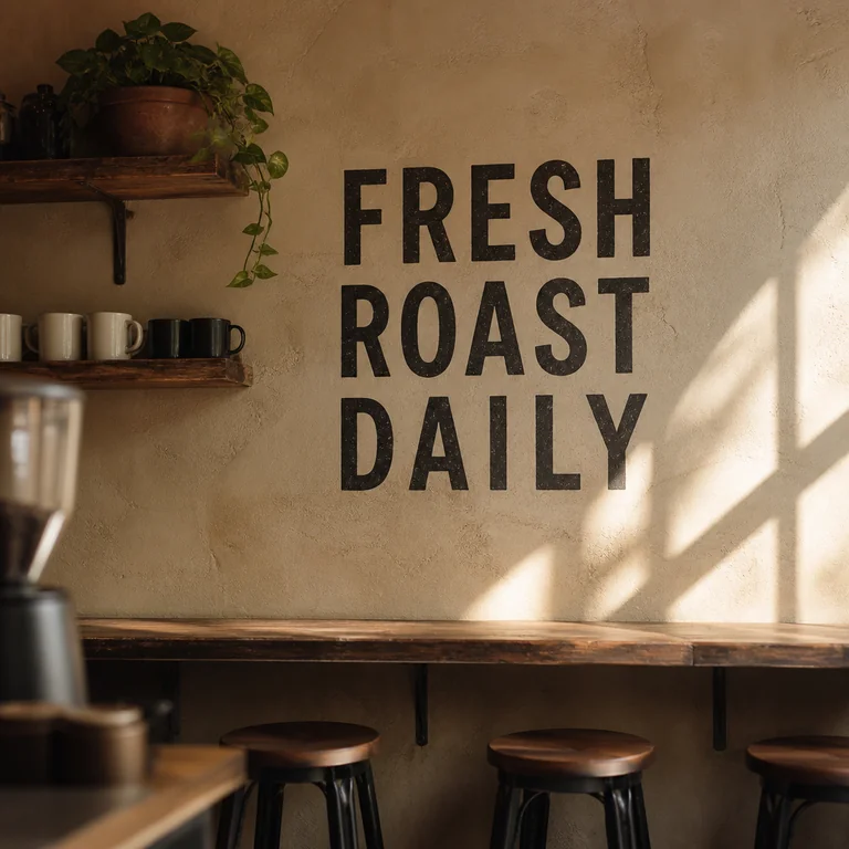 Cafe wall with FRESH ROAST DAILY painted on it
