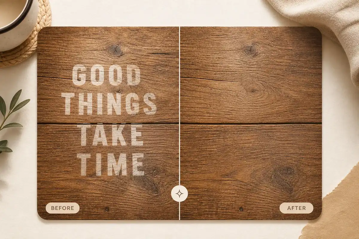 Before and after wood board with GOOD THINGS TAKE TIME text removed