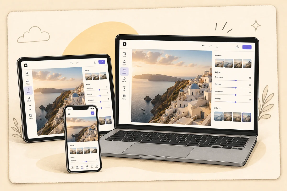 Phone, tablet, and laptop showing the same photo editing web app