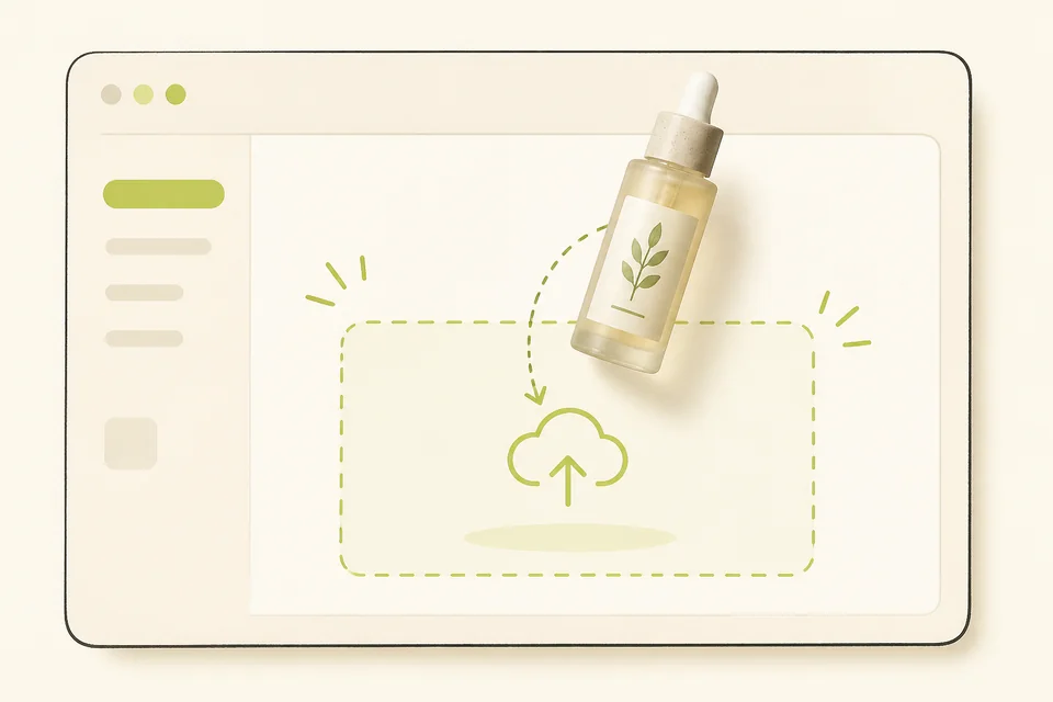 Illustration of a product photo dropping into an upload box