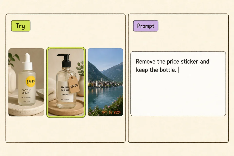 Illustration of sample photos and a prompt that says remove the price sticker and keep the bottle