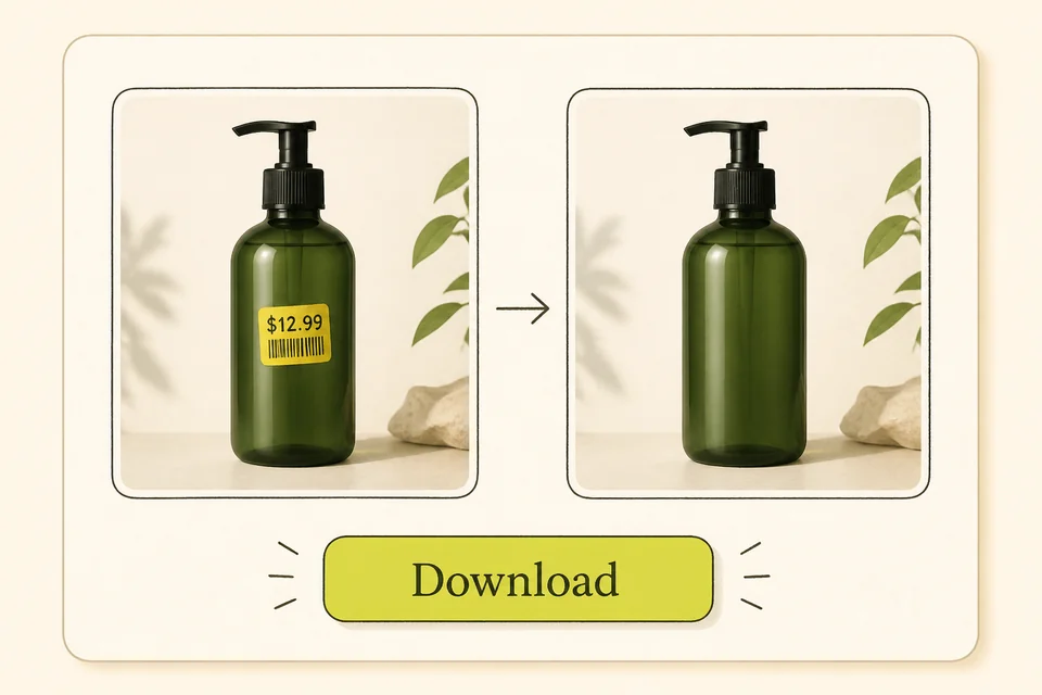 Illustration of a before and after product result with a download button
