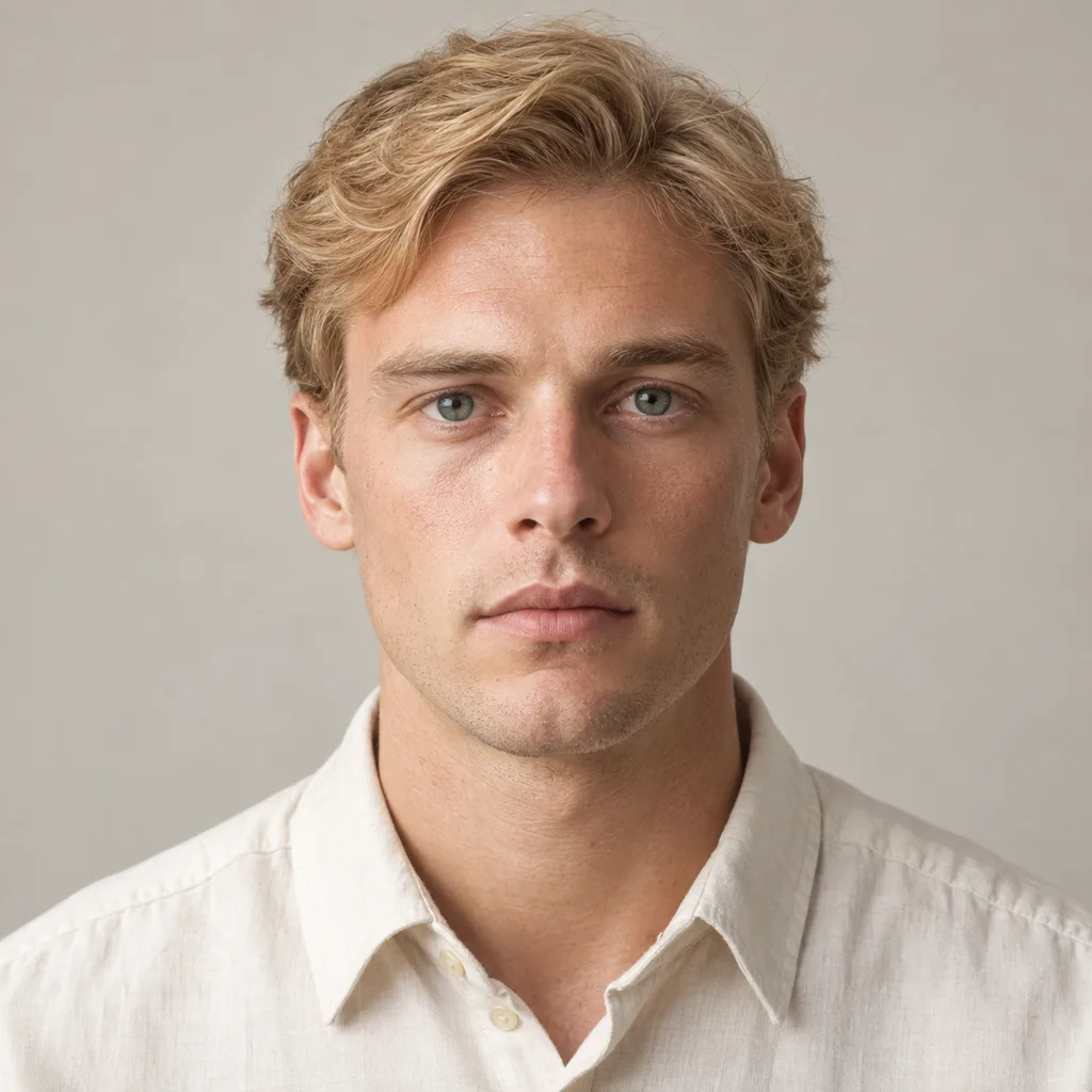 Portrait of a blonde Caucasian man with a neutral expression in an ivory shirt