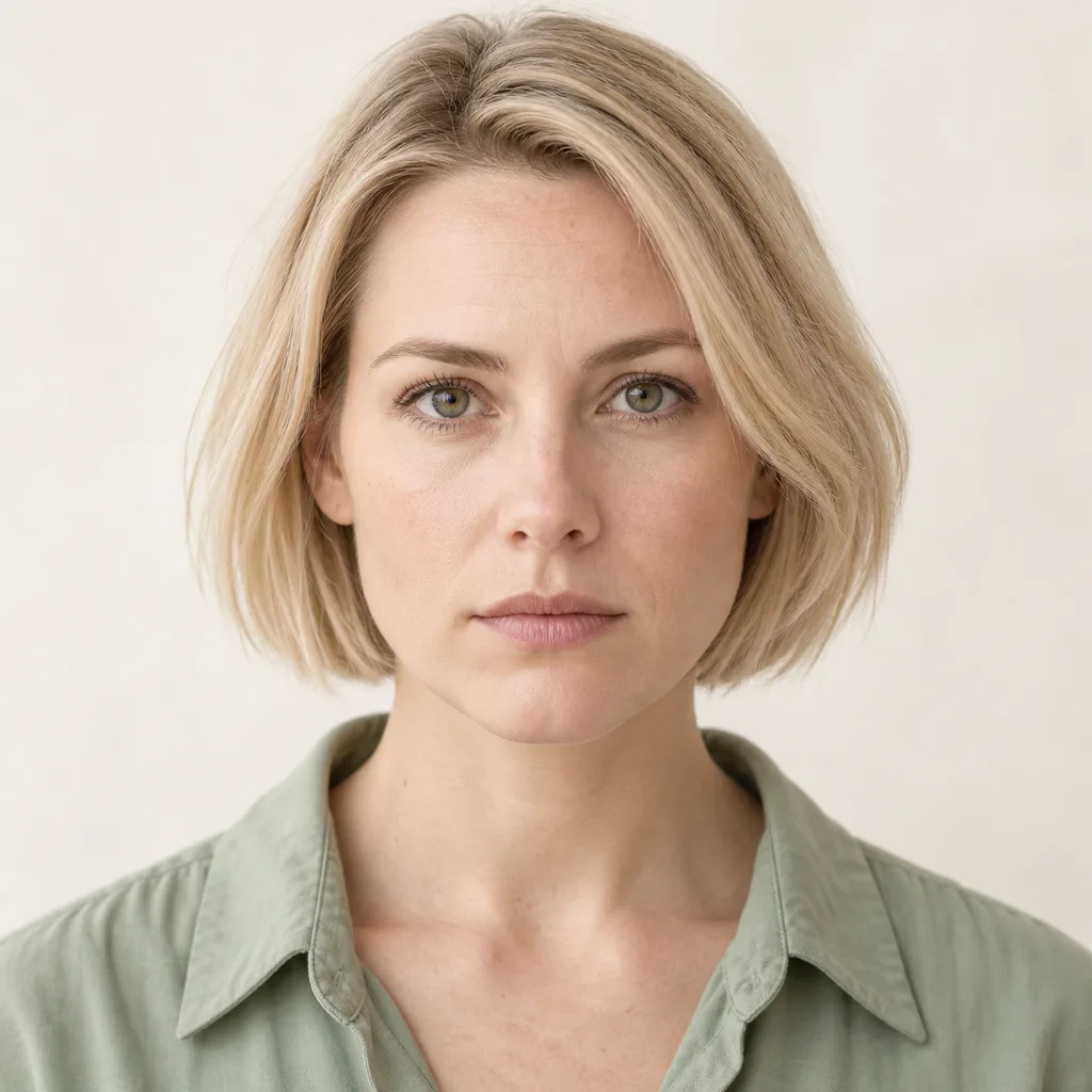 Portrait of a woman with short blonde hair and a neutral expression