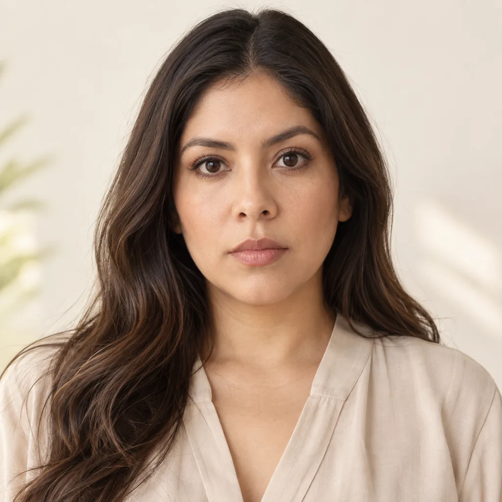 Portrait of a Latina woman with long dark hair and a neutral expression