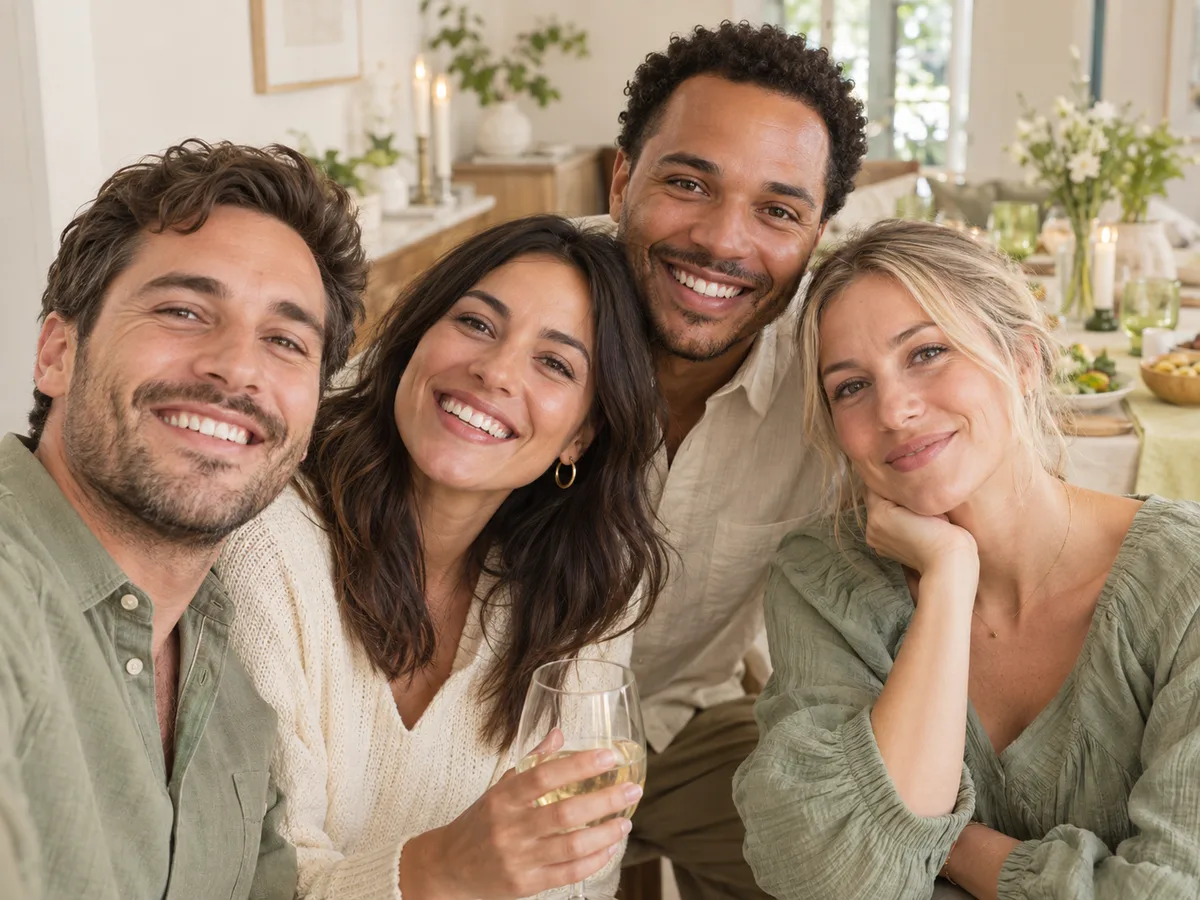 Group photo of four friends smiling naturally together at a celebration dinner table