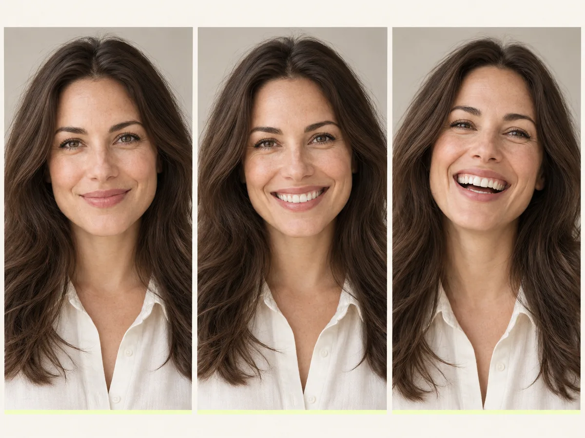 Three-panel comparison showing three smile styles on the same person from a subtle grin to an open laugh
