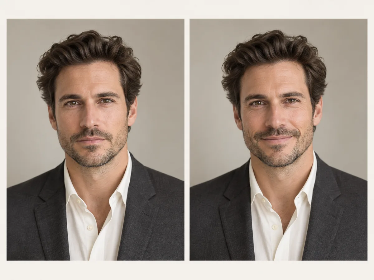 Side-by-side headshot comparison of a professional man in a charcoal suit turning a serious expression into a confident smile