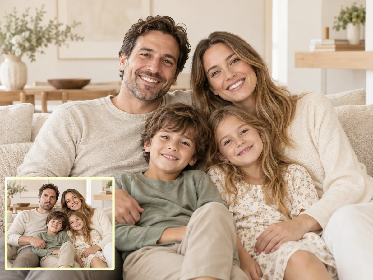 Family portrait on a sofa with an inset before-shot showing the father's serious expression corrected to a natural smile