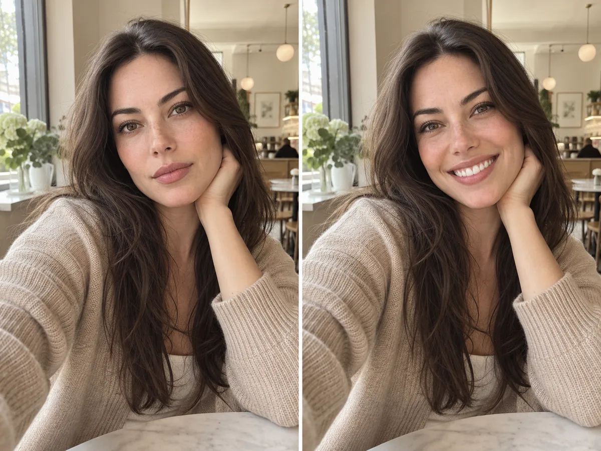 Side-by-side comparison of a woman's cafe selfie with a resting expression transformed into a bright toothy smile