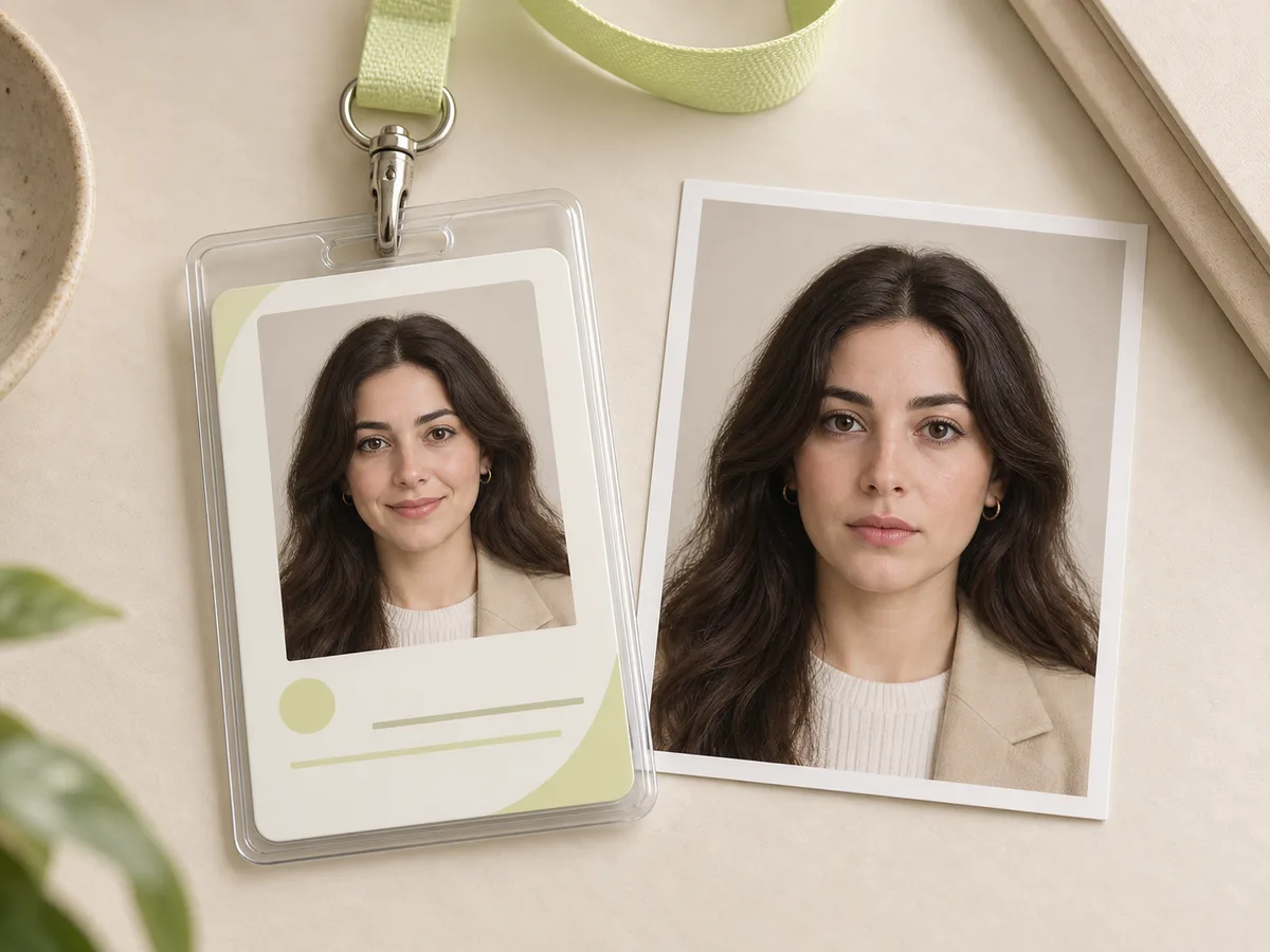 Employee ID badge and photo comparison showing a serious headshot softened into a polite closed-mouth smile
